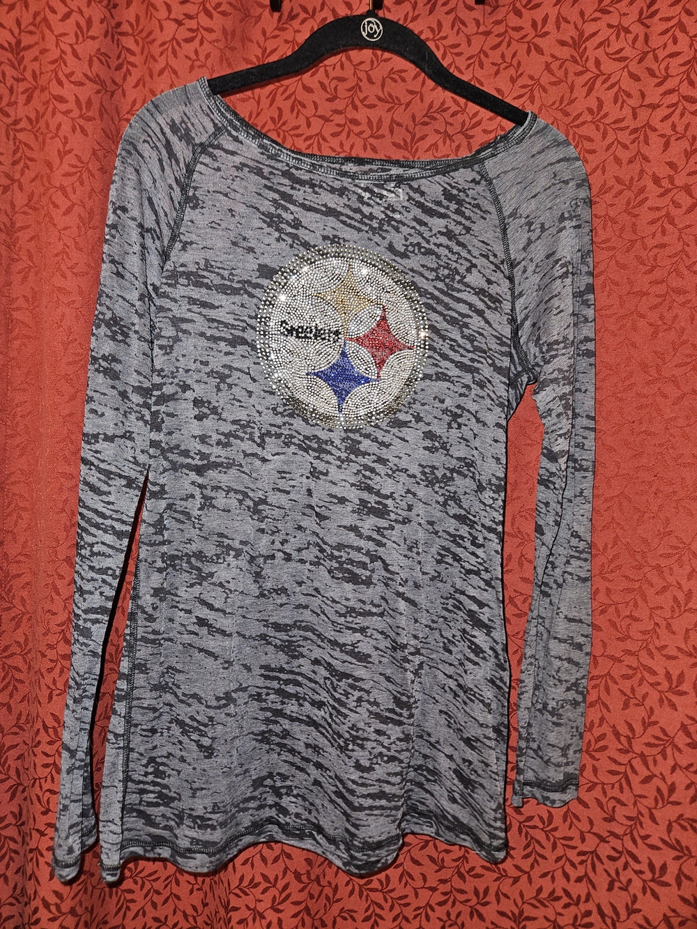 Touch by Alyssa Milano Women's Gray Marbled Long-Sleeve Top with Rhinestone Logo